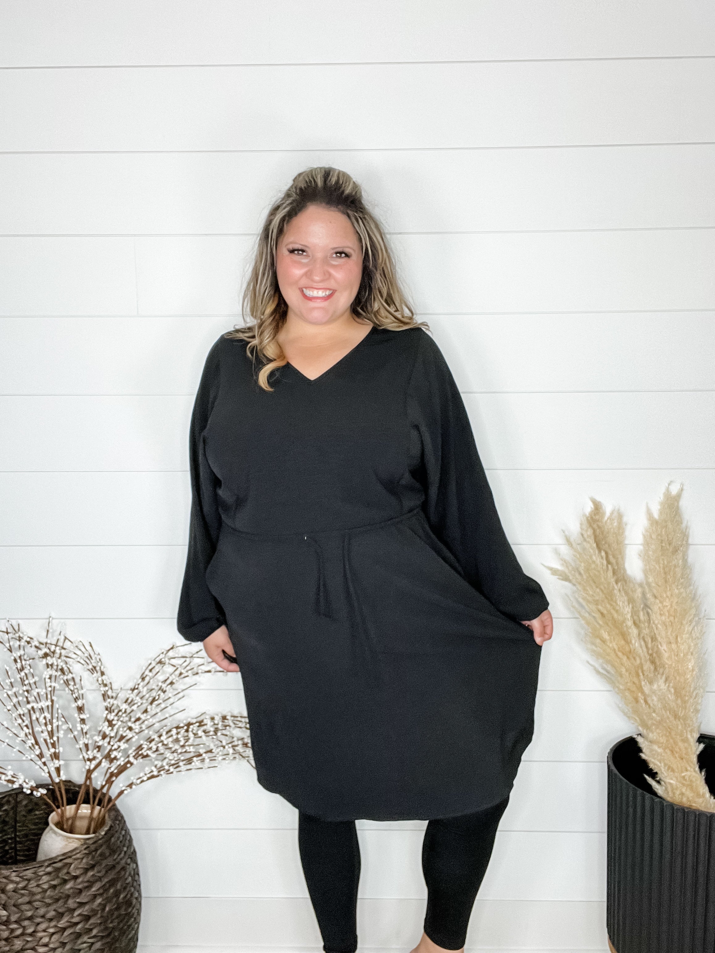 "Borderline" Long Sleeve V Neck Dress with Drawstring Waist (Black)-Lola Monroe Boutique