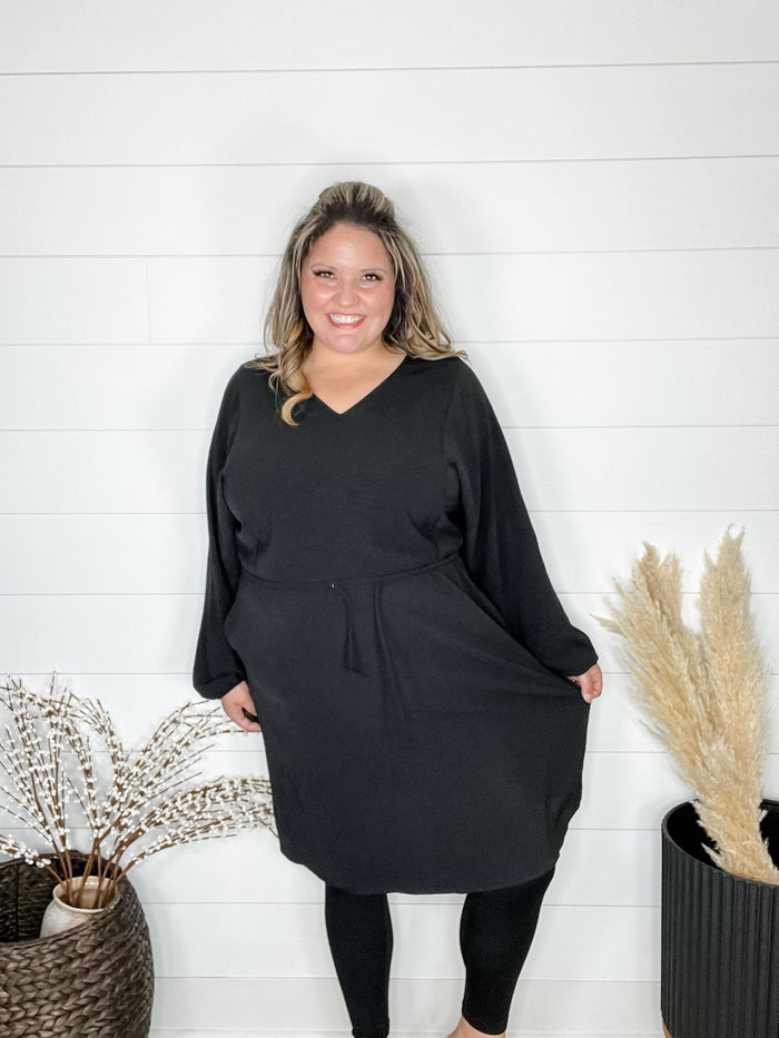 "Borderline" Long Sleeve V Neck Dress with Drawstring Waist (Black)