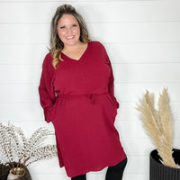 "Borderline" Long Sleeve V Neck Dress with Drawstring Waist (Burgundy)