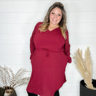 "Borderline" Long Sleeve V Neck Dress with Drawstring Waist (Burgundy)-Lola Monroe Boutique