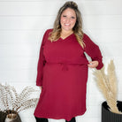 "Borderline" Long Sleeve V Neck Dress with Drawstring Waist (Burgundy)-Lola Monroe Boutique