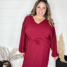 "Borderline" Long Sleeve V Neck Dress with Drawstring Waist (Burgundy)-Lola Monroe Boutique