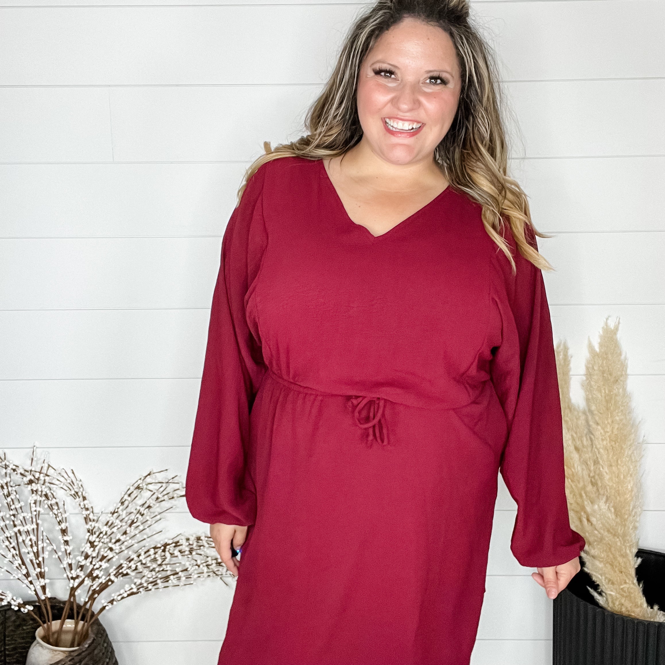 "Borderline" Long Sleeve V Neck Dress with Drawstring Waist (Burgundy)-Lola Monroe Boutique