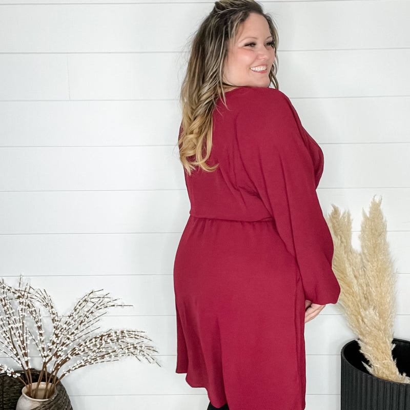 "Borderline" Long Sleeve V Neck Dress with Drawstring Waist (Burgundy)