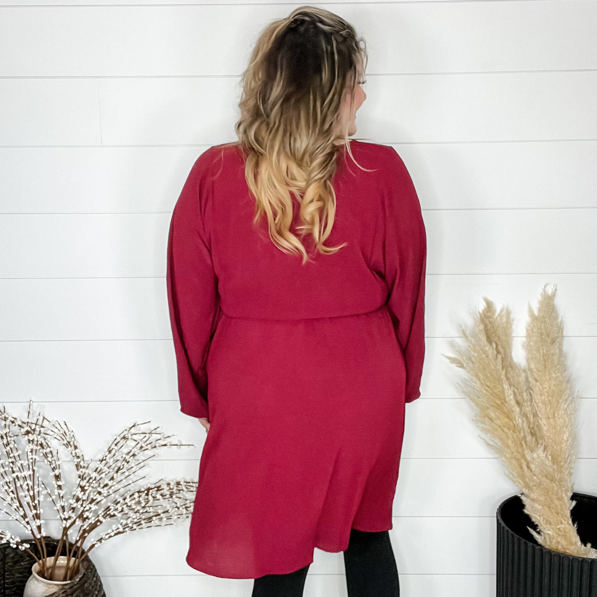 "Borderline" Long Sleeve V Neck Dress with Drawstring Waist (Burgundy)