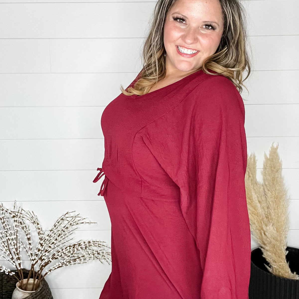 "Borderline" Long Sleeve V Neck Dress with Drawstring Waist (Burgundy)