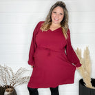 "Borderline" Long Sleeve V Neck Dress with Drawstring Waist (Burgundy)-Lola Monroe Boutique