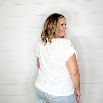 "Brace Yourself" Shoulder Button Detail with Cuffed Sleeves (White)
