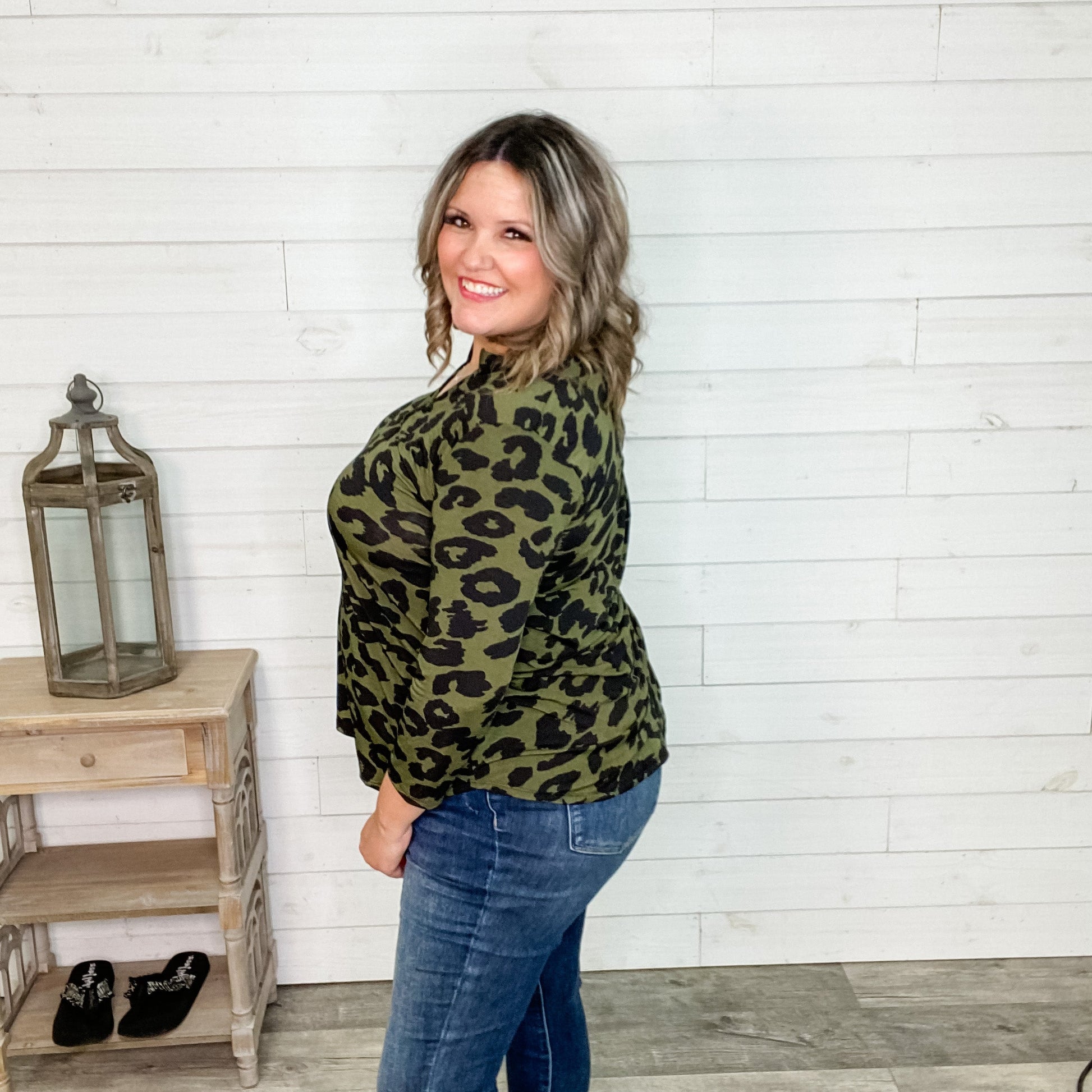 "Bradley" Animal Print 3/4 Sleeve Split Neck