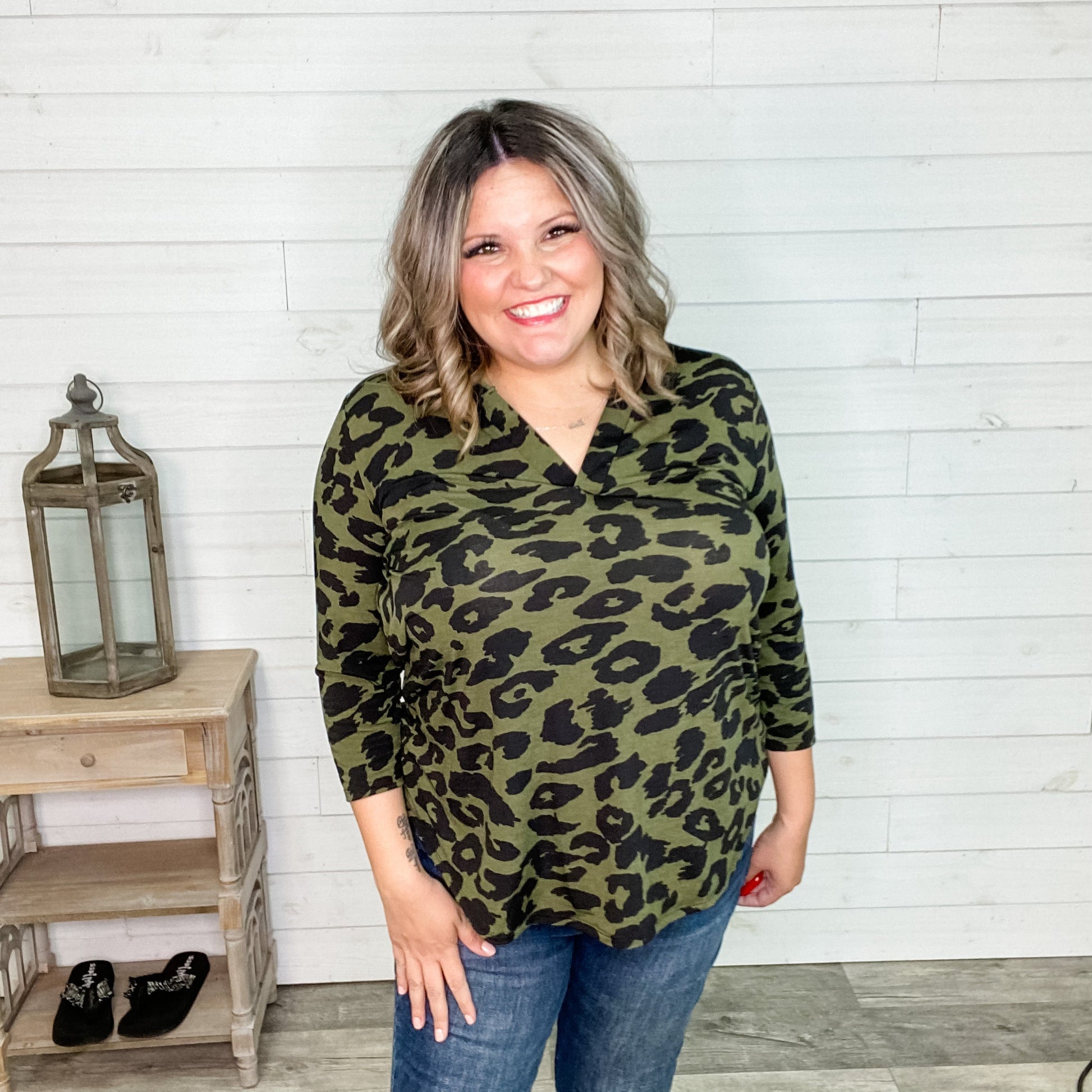 "Bradley" Animal Print 3/4 Sleeve Split Neck