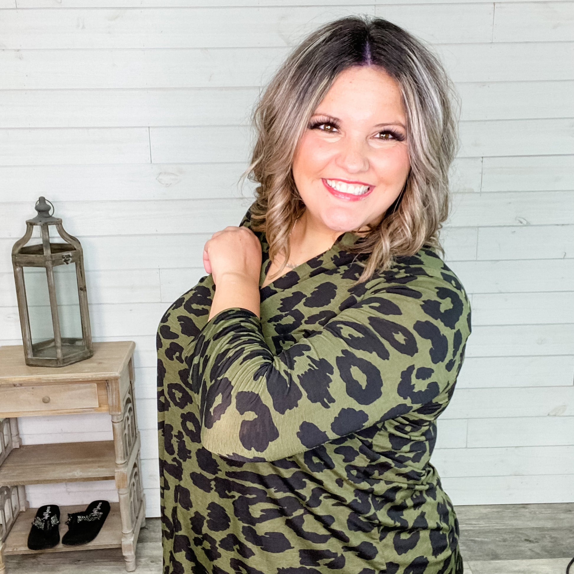 "Bradley" Animal Print 3/4 Sleeve Split Neck