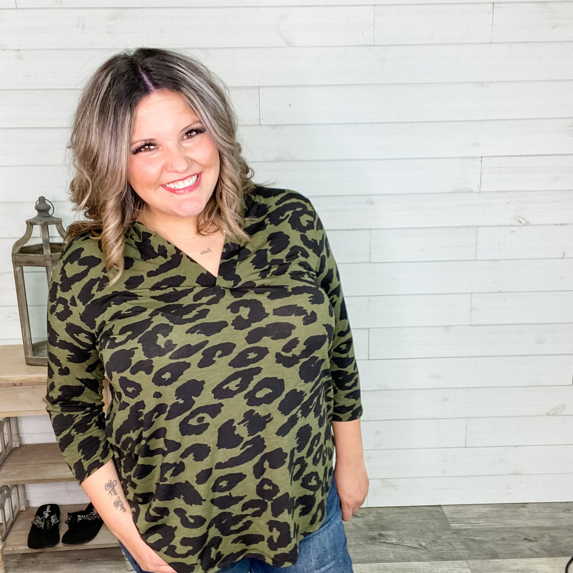"Bradley" Animal Print 3/4 Sleeve Split Neck