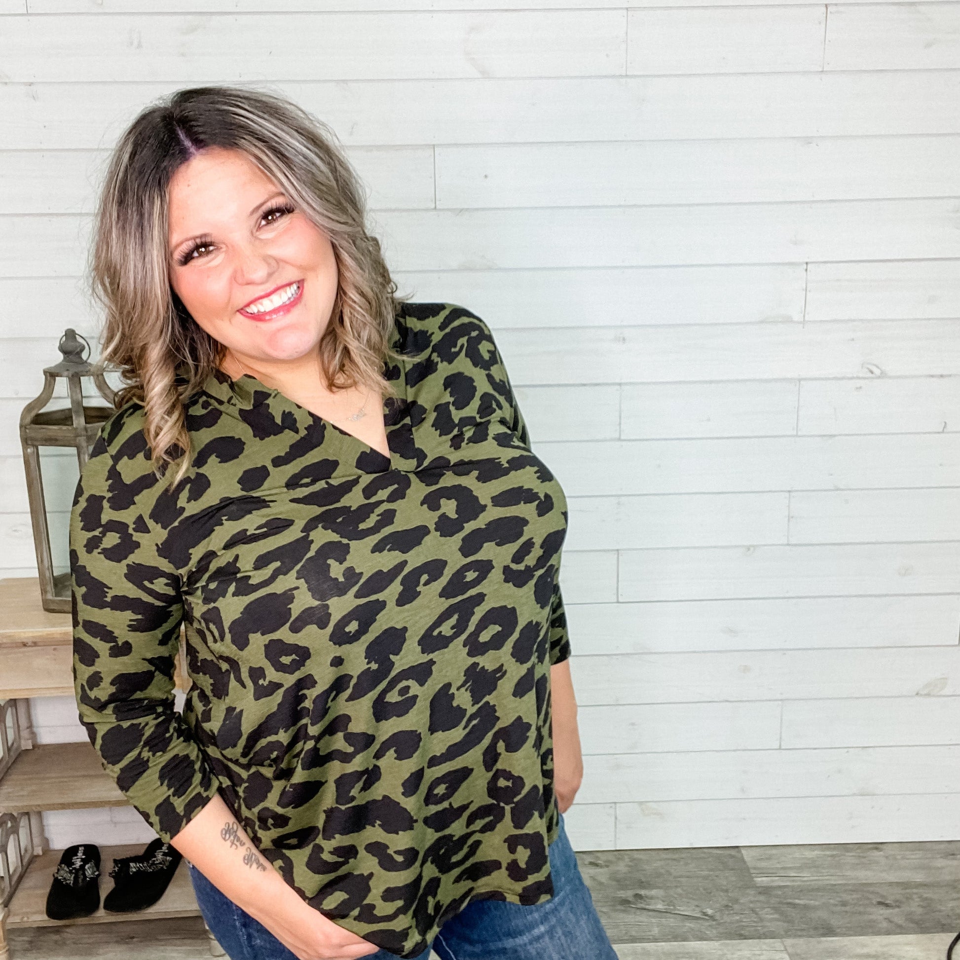 "Bradley" Animal Print 3/4 Sleeve Split Neck