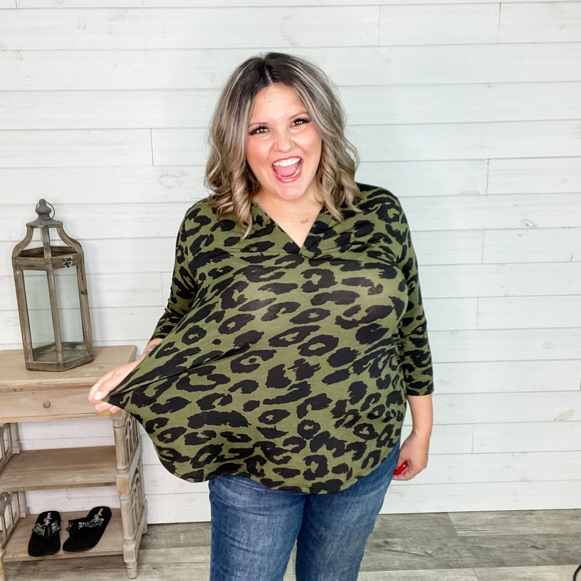 "Bradley" Animal Print 3/4 Sleeve Split Neck