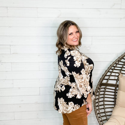 "Brielle" Floral Lizzy 3/4 Sleeve Split Neck-Lola Monroe Boutique