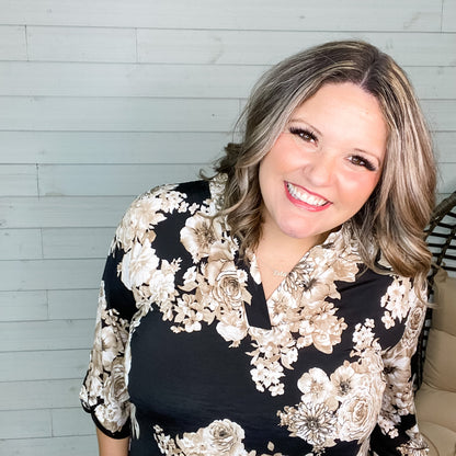 "Brielle" Floral Lizzy 3/4 Sleeve Split Neck-Lola Monroe Boutique