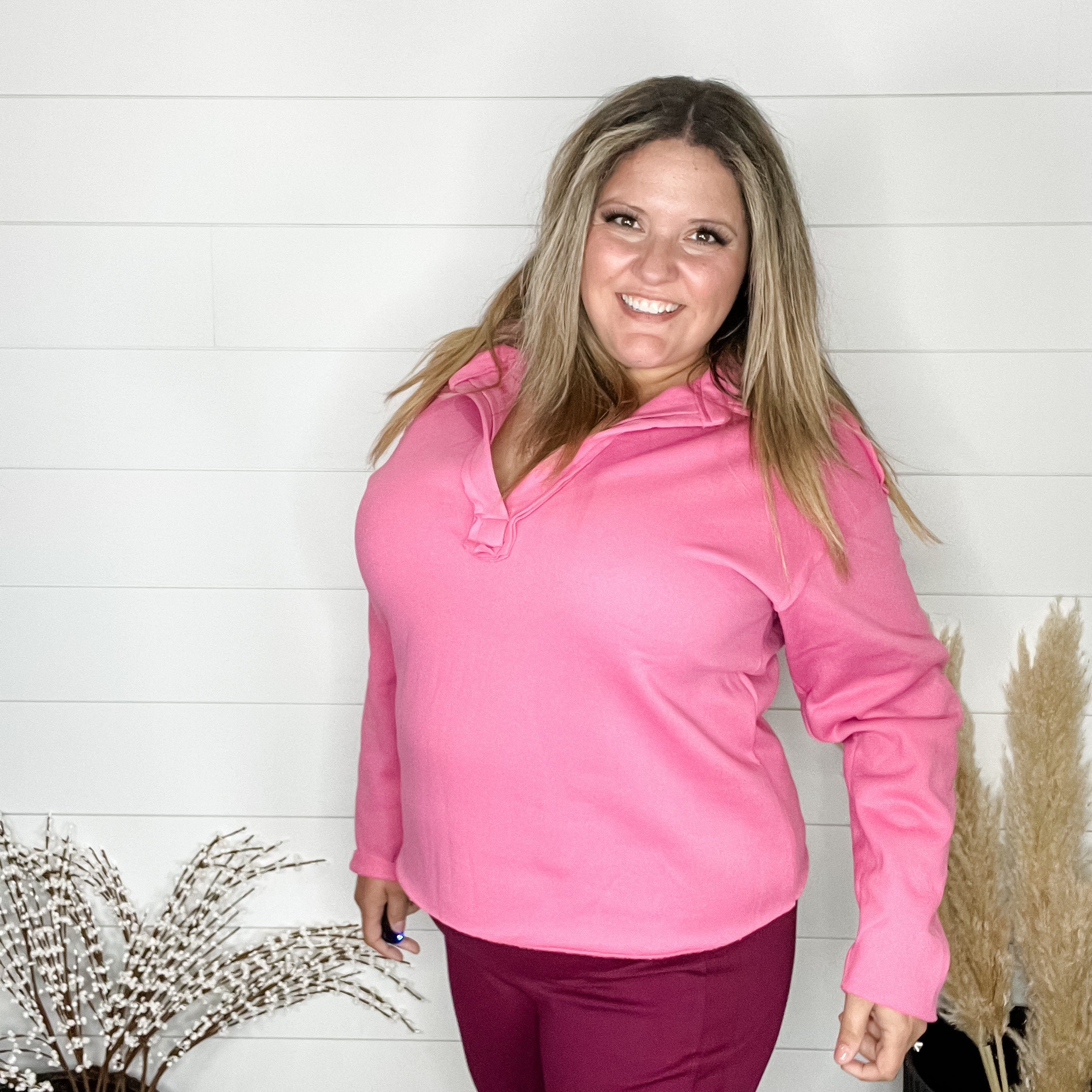 "Bubblegum" Long Sleeve Split Neck Sweatshirt-Lola Monroe Boutique