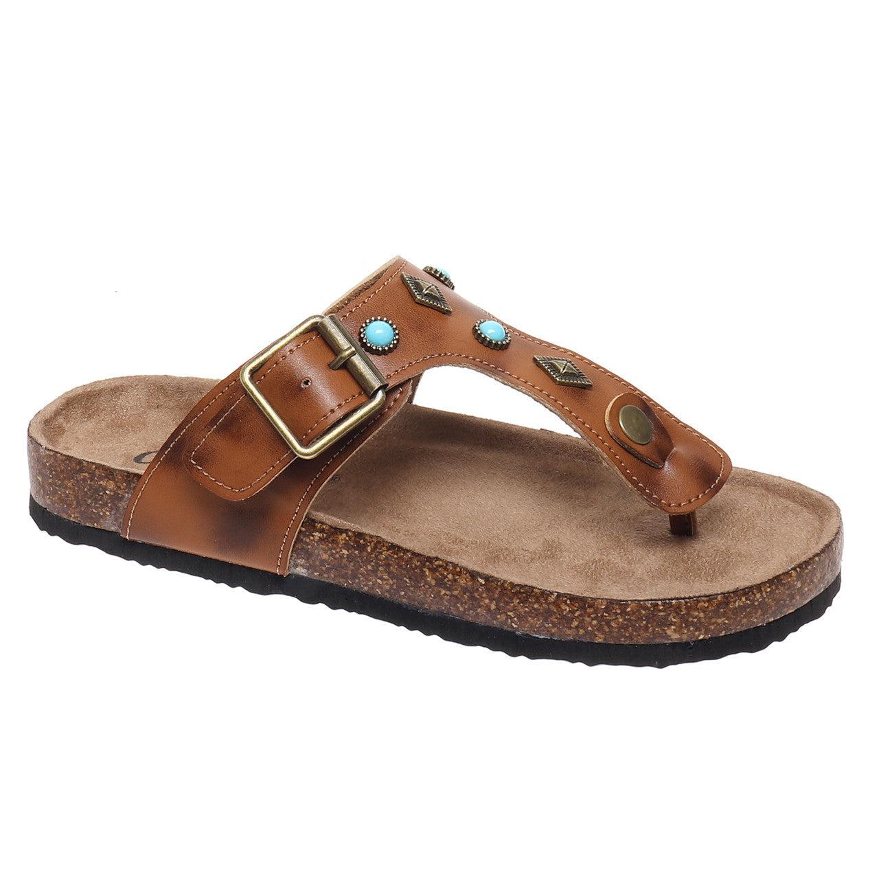 Buckle Thong Cork Bottom Sandal with Embellishment Design(Cognac)-Lola Monroe Boutique