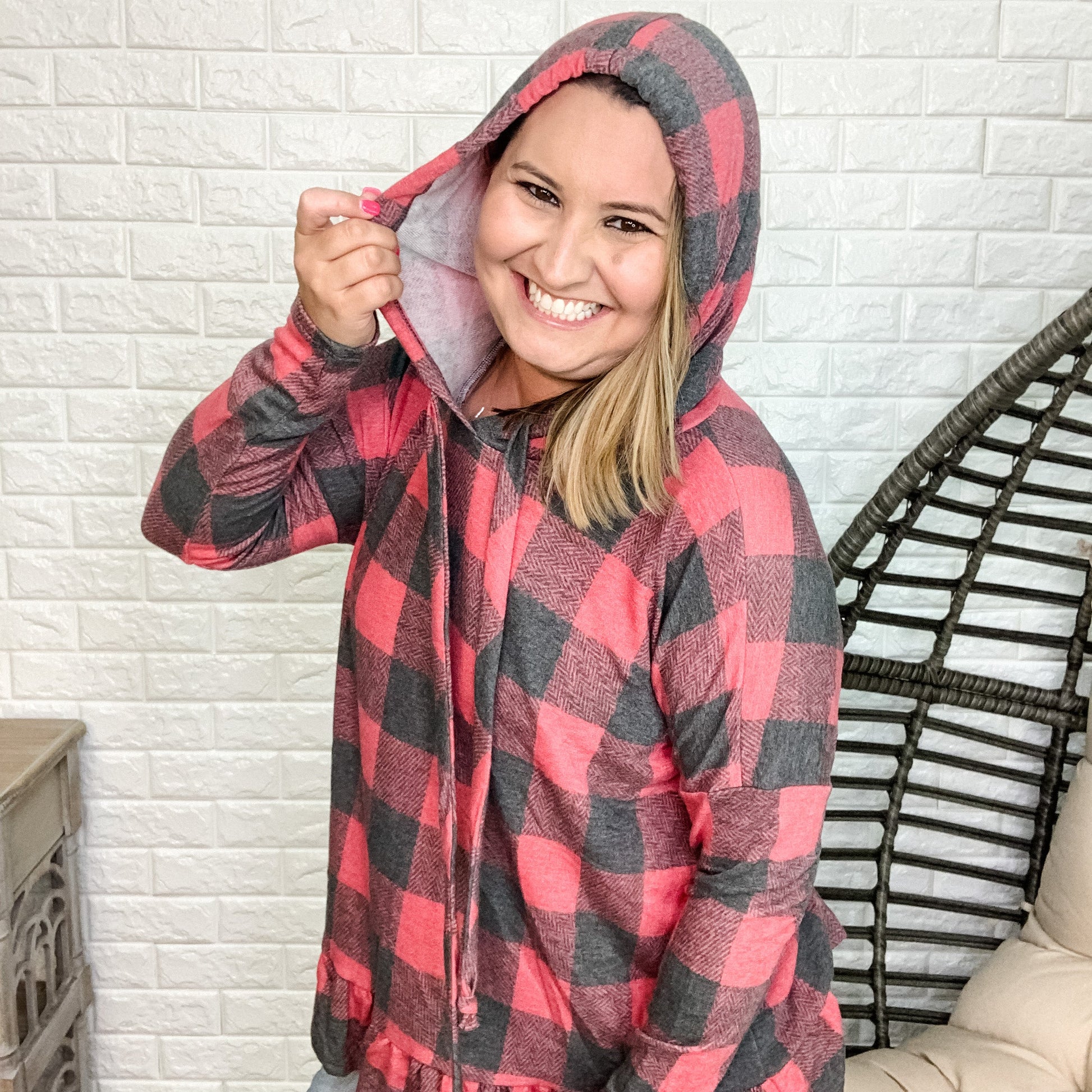 "Buffalo Gal" Honey Me Long Sleeve Hooded Top with Ruffle Hem