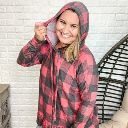 "Buffalo Gal" Honey Me Long Sleeve Hooded Top with Ruffle Hem