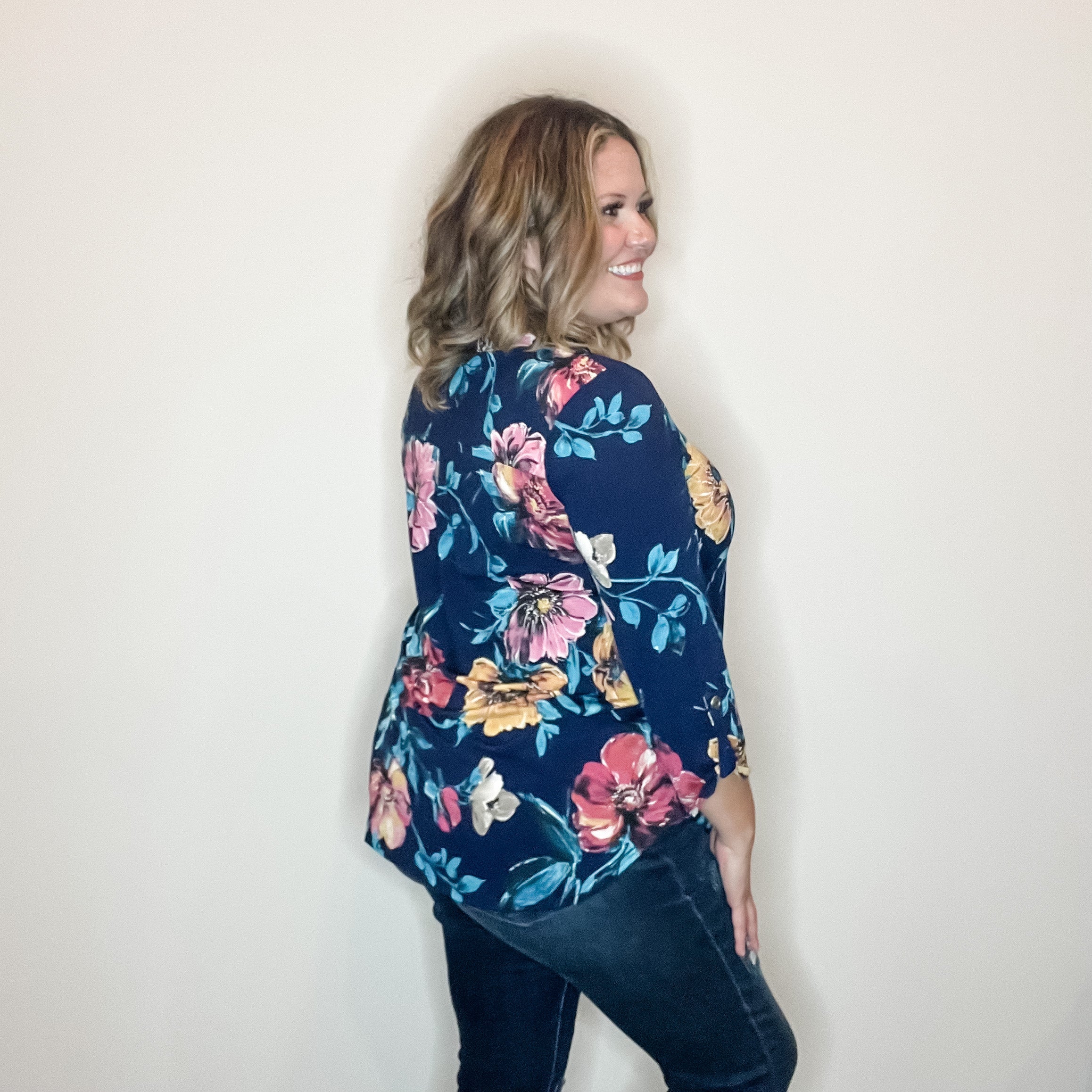 "Burn It Down" Floral Lizzy 3/4 Sleeve Split Neck-Lola Monroe Boutique