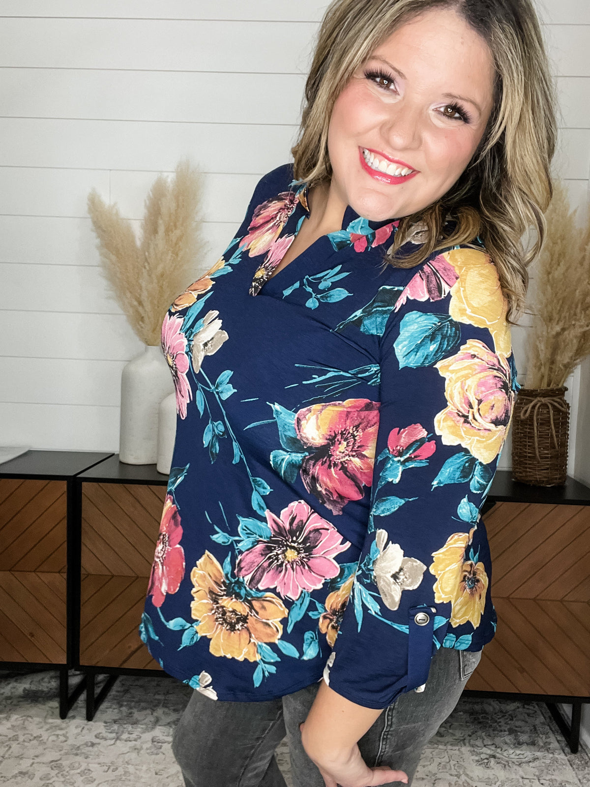 "Burn It Down" Floral Lizzy 3/4 Sleeve Split Neck-Lola Monroe Boutique