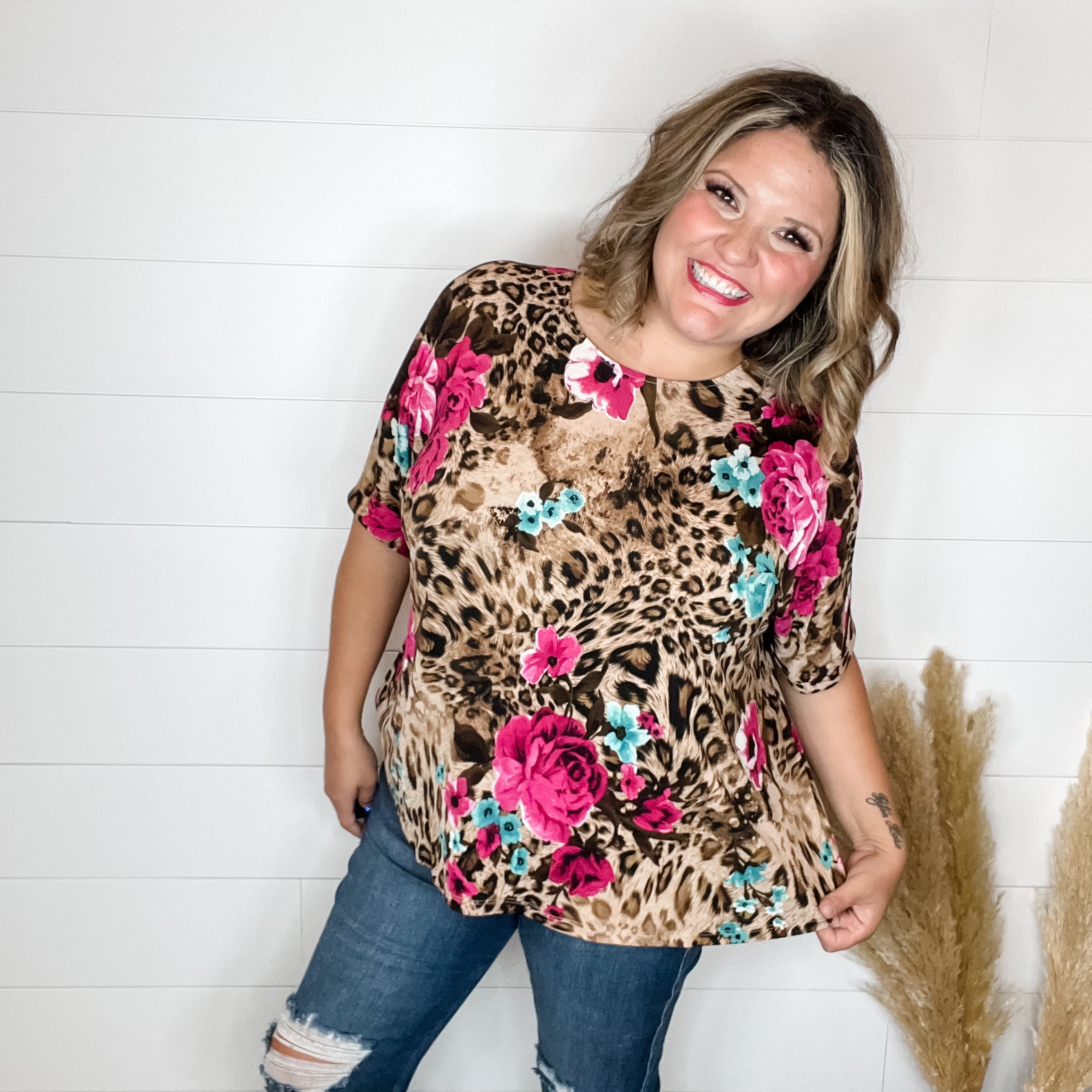 "Buzzy" Floral and Animal Print Cuffed Short Sleeve-Lola Monroe Boutique