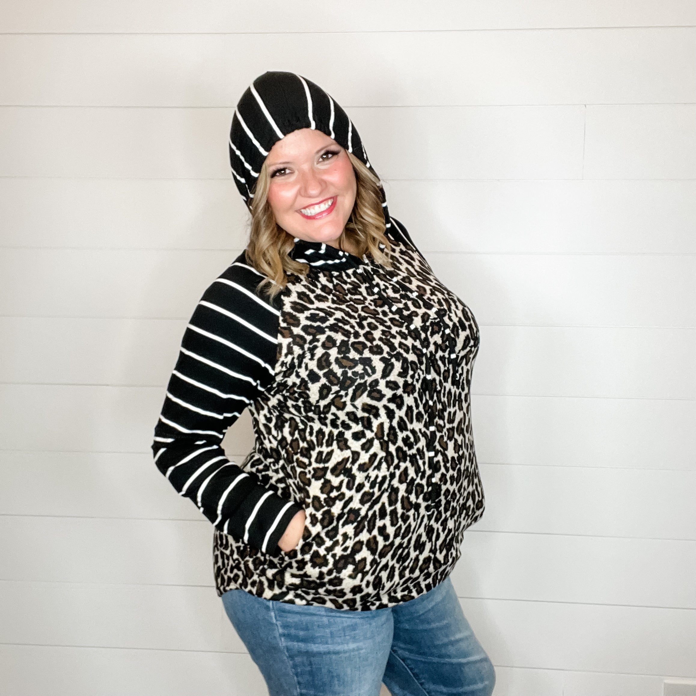 "Caged" Animal Print with Stripe Accent Hoodie-Lola Monroe Boutique