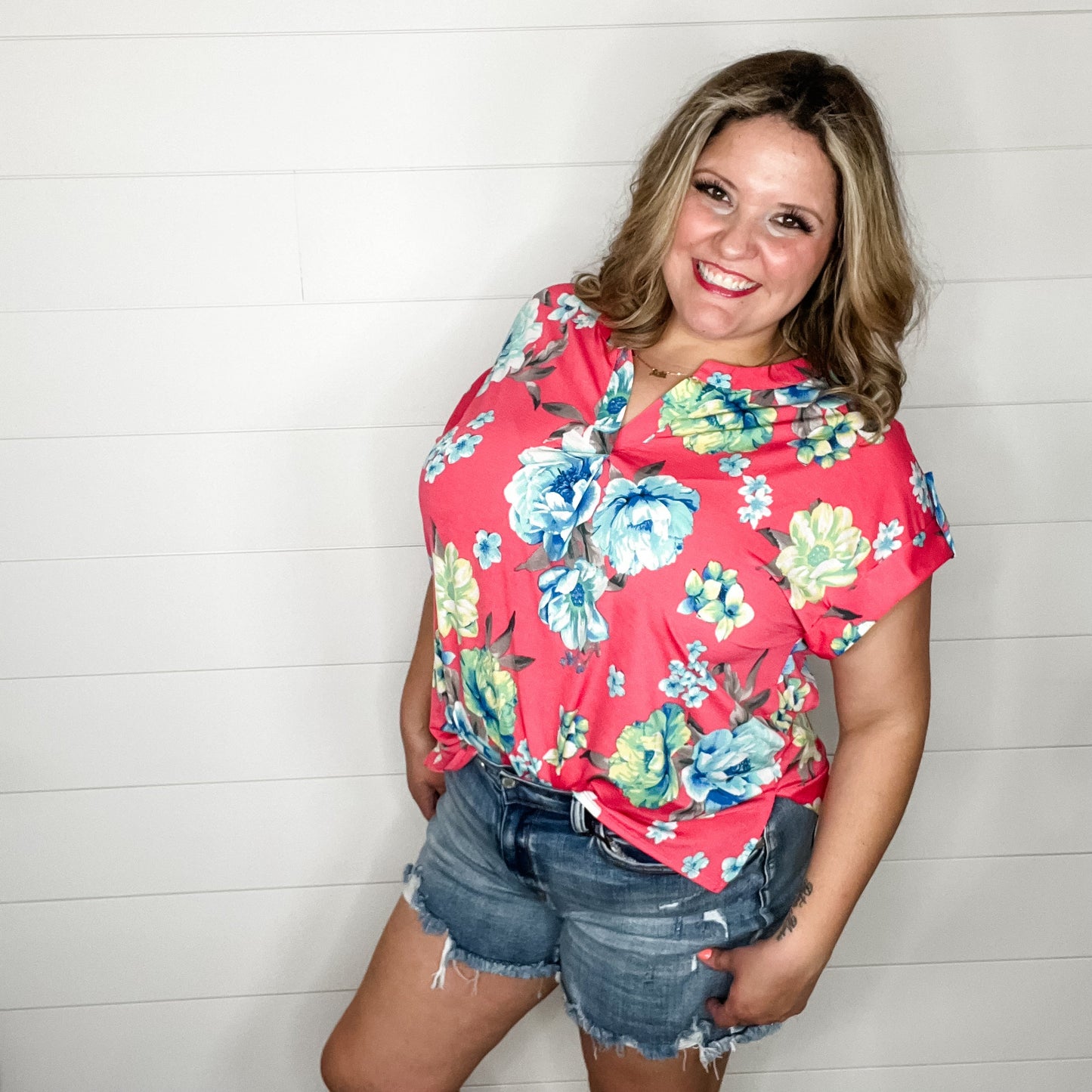 "Cain" Floral Split Neck Cuffed Short Sleeve-Lola Monroe Boutique