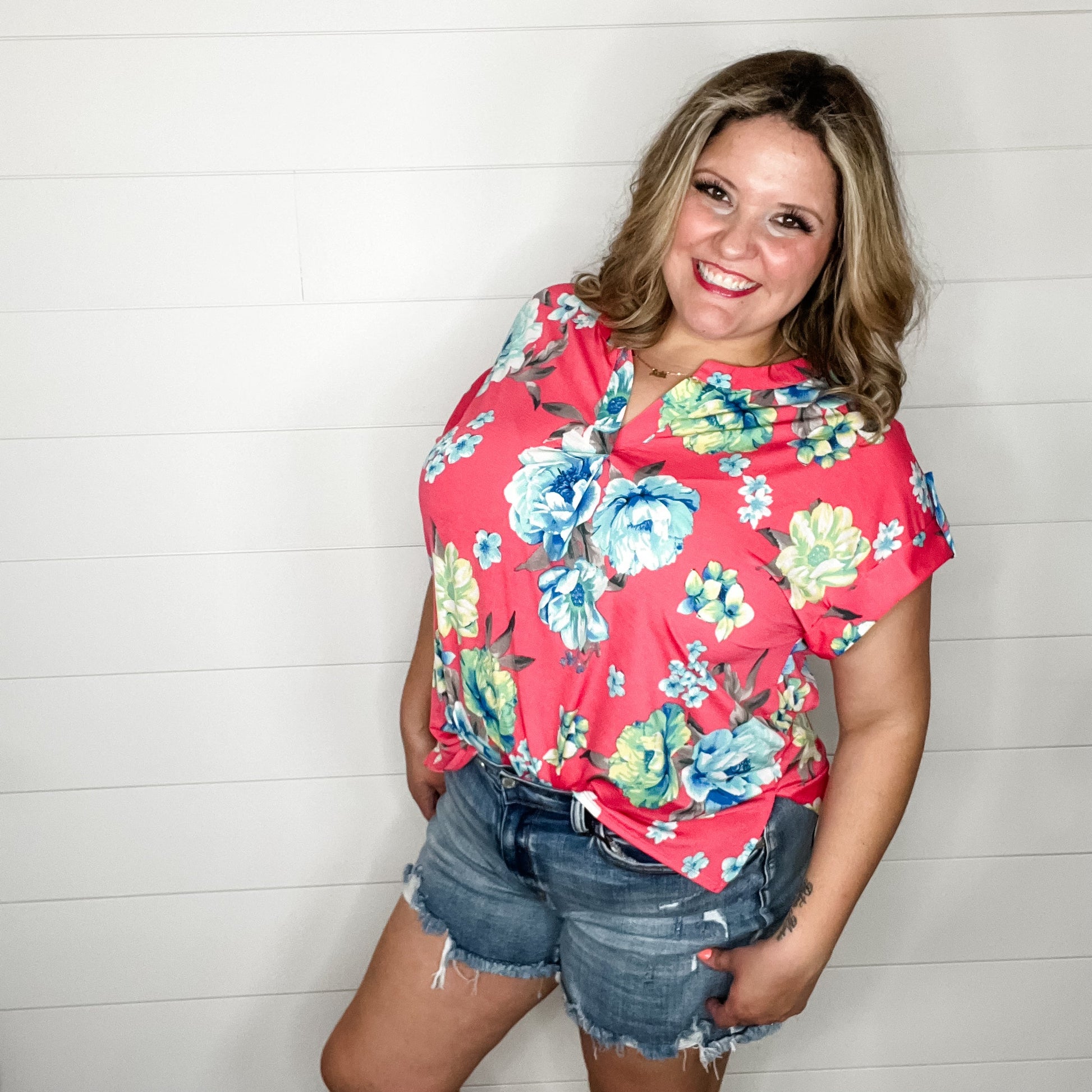"Cain" Floral Split Neck Cuffed Short Sleeve-Lola Monroe Boutique