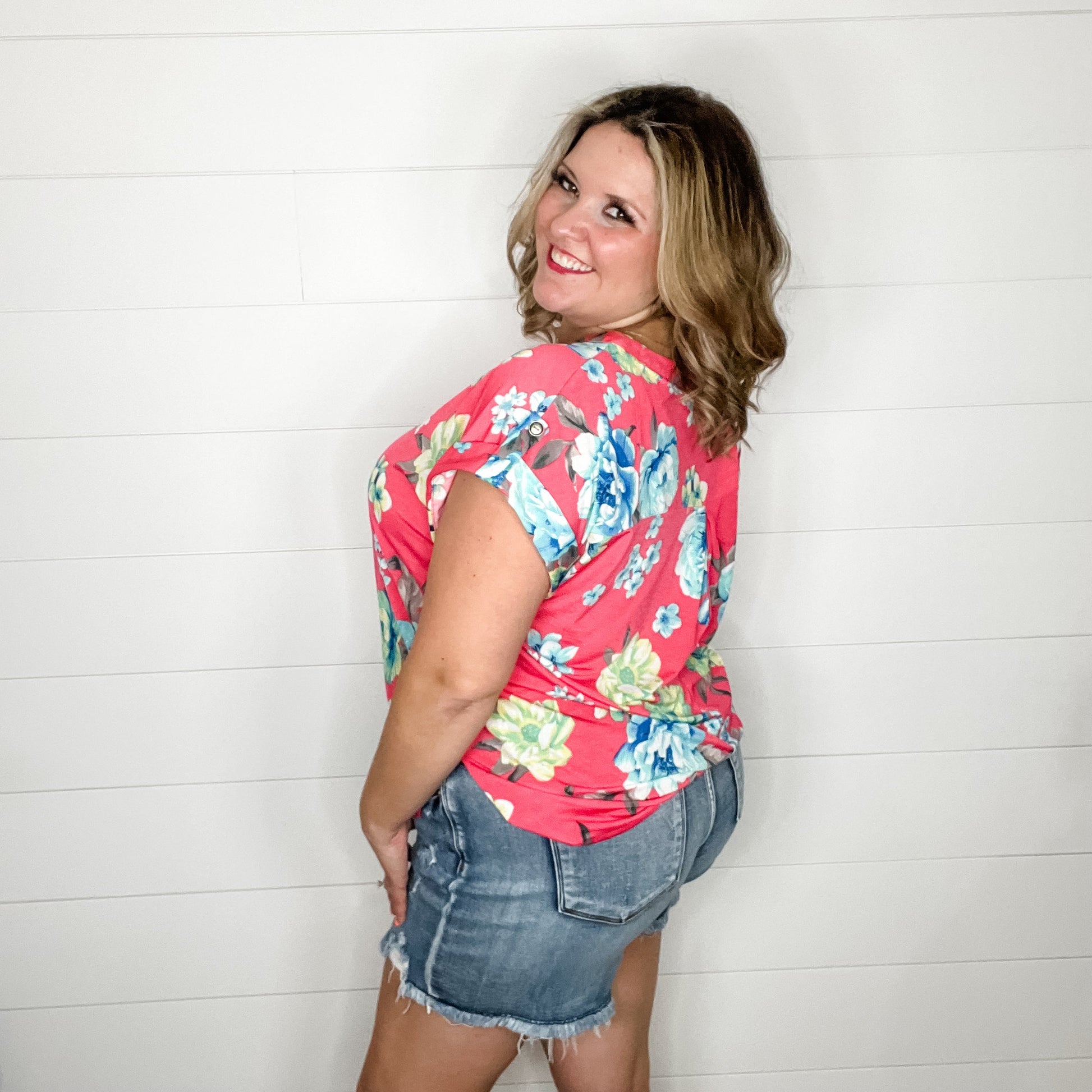 "Cain" Floral Split Neck Cuffed Short Sleeve-Lola Monroe Boutique