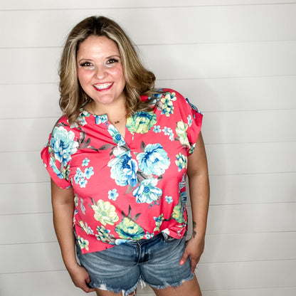 "Cain" Floral Split Neck Cuffed Short Sleeve-Lola Monroe Boutique