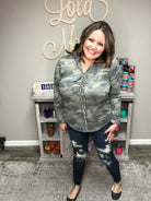 Camo Lace Up Hacci Hoodie-Lola Monroe Boutique