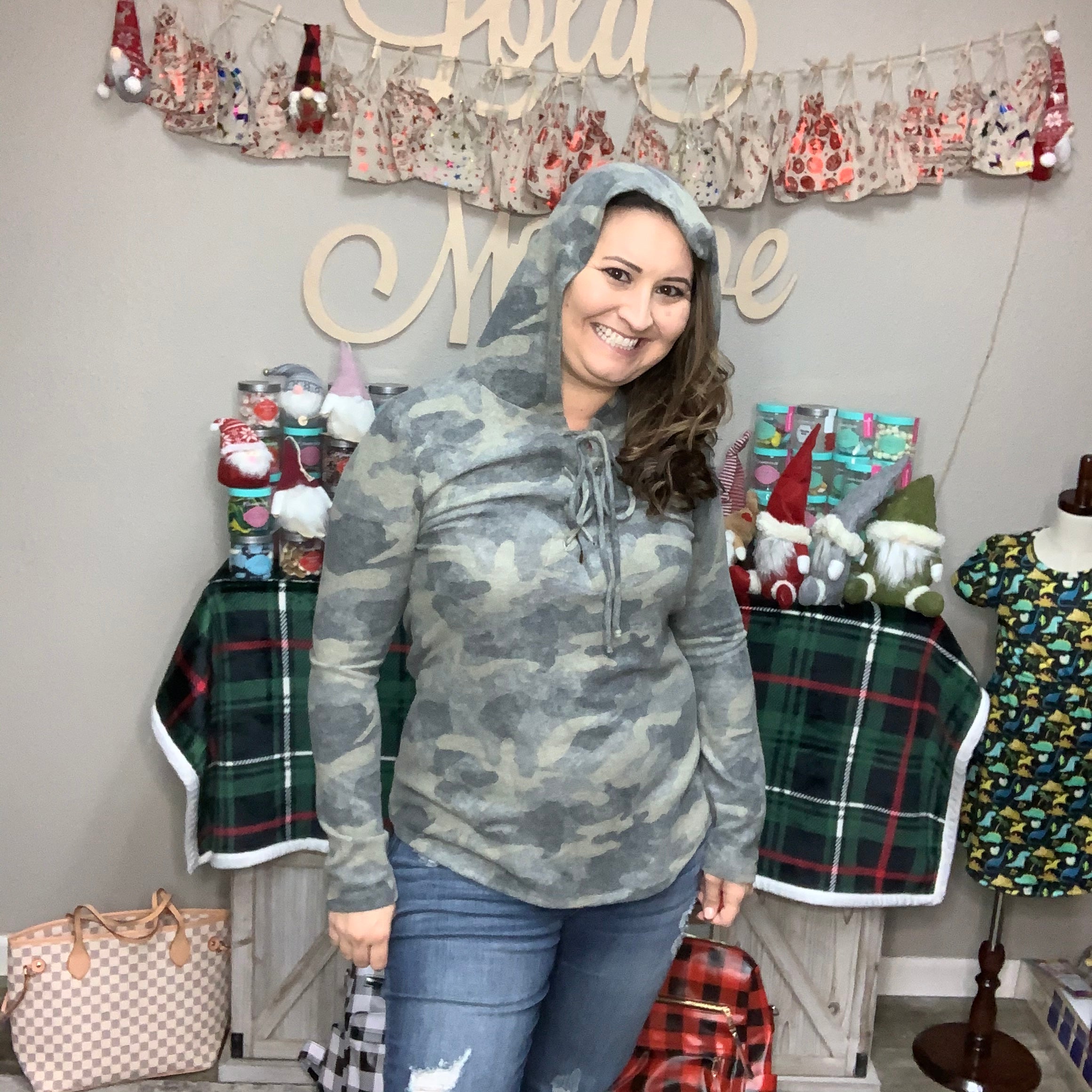 Camo Lace Up Hacci Hoodie-Lola Monroe Boutique