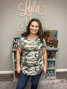 Camo Ruched Open Back Design Tee-Lola Monroe Boutique