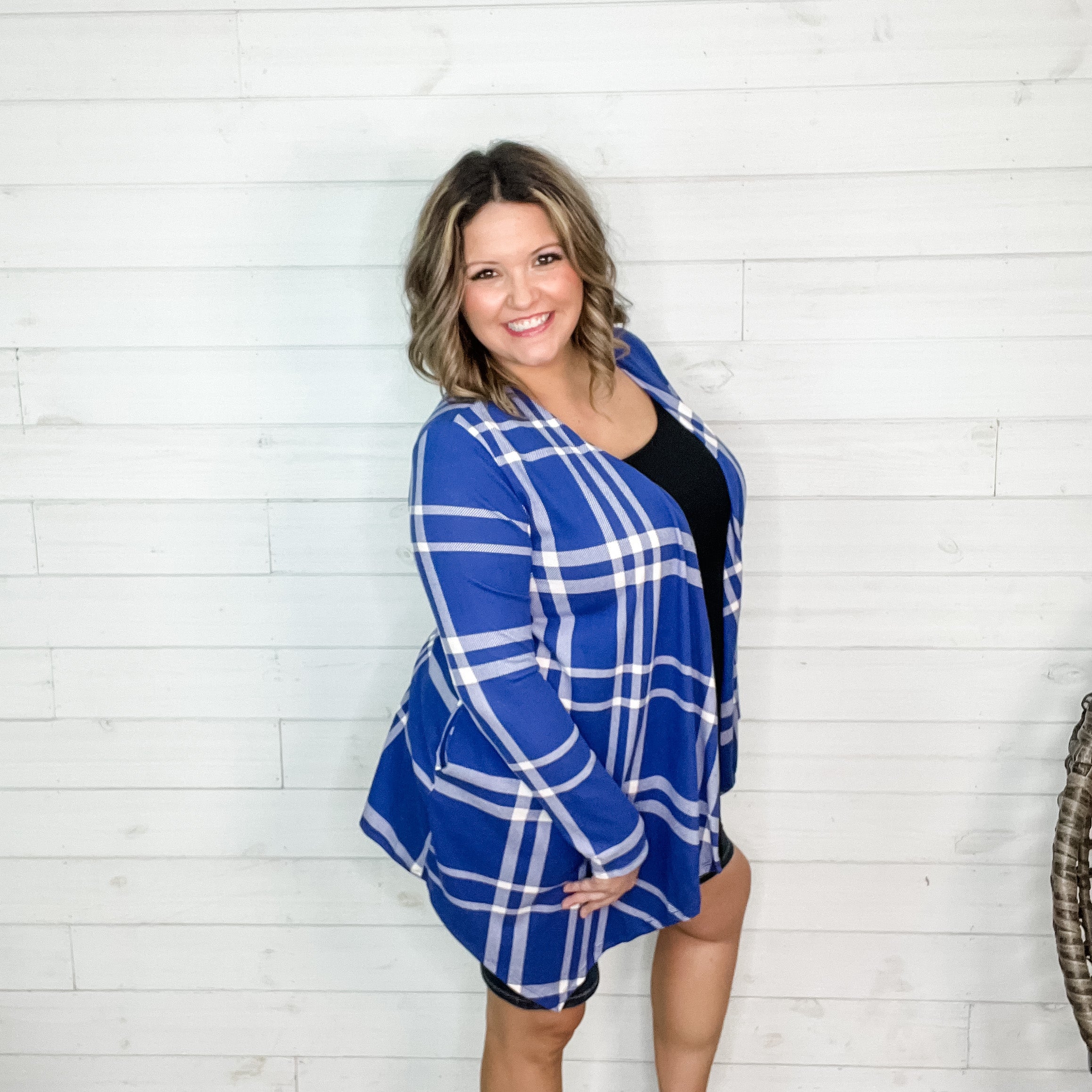 "Cardi B Blue" Plaid Cardigan with Side Pockets-Lola Monroe Boutique