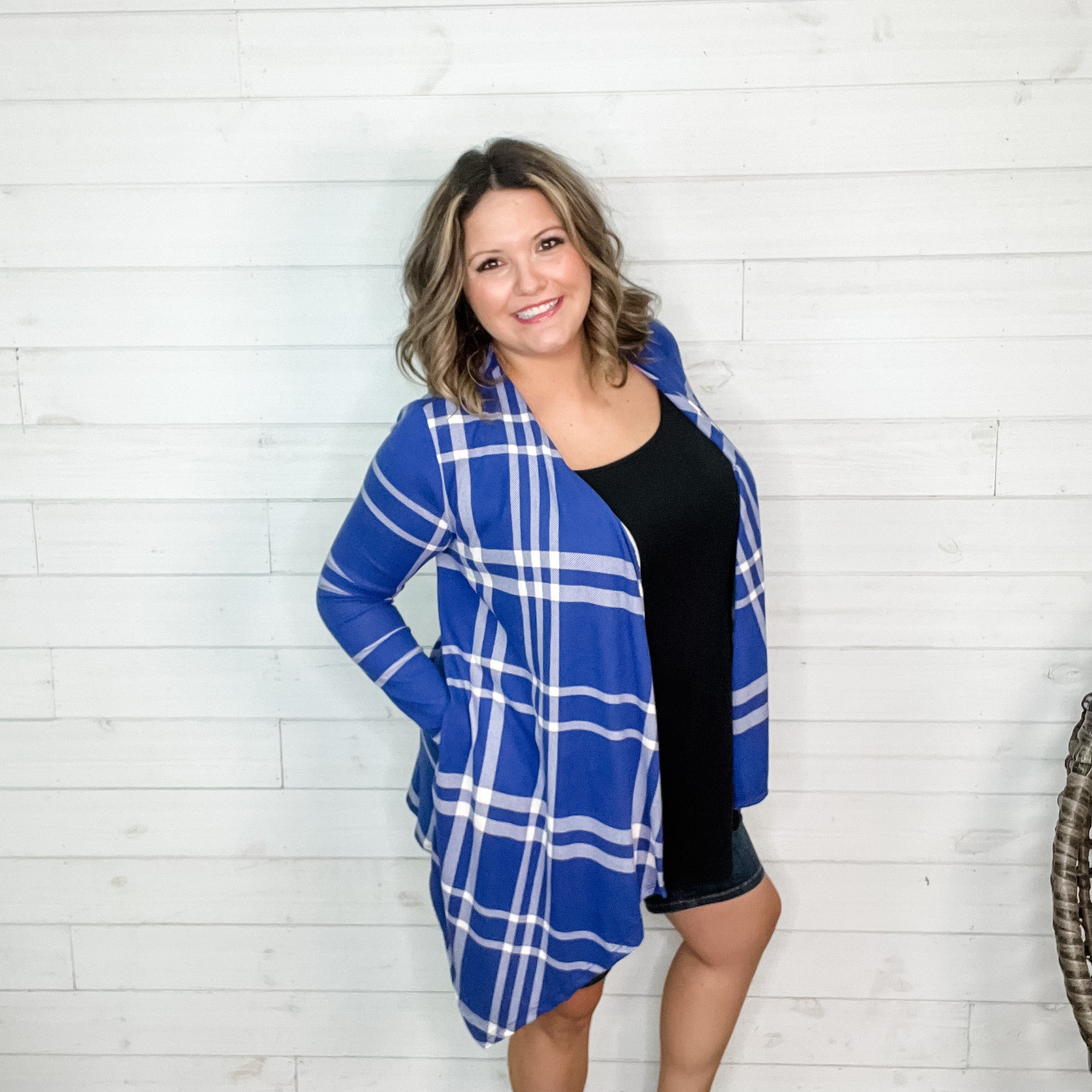 "Cardi B Blue" Plaid Cardigan with Side Pockets-Lola Monroe Boutique