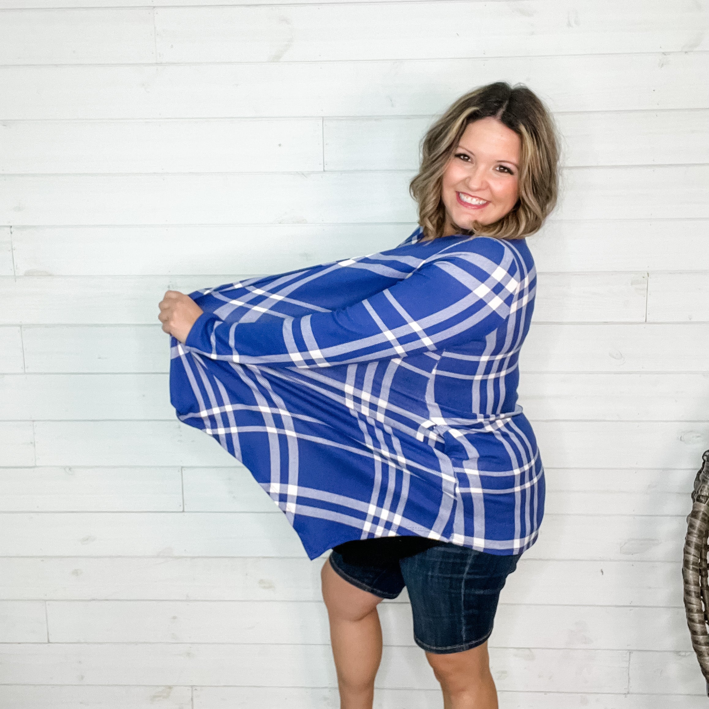 "Cardi B Blue" Plaid Cardigan with Side Pockets-Lola Monroe Boutique