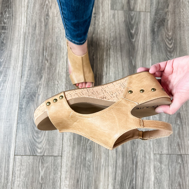 "Carley" Wedge Sandal By Corkys (Caramel Smooth)