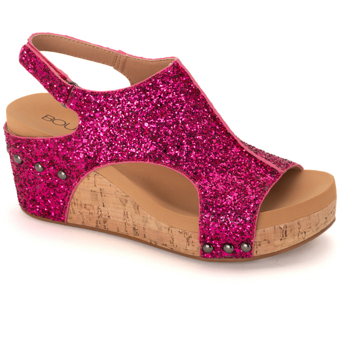"Carley" Wedge Sandal By Corkys (Fuchsia Glitter)-Lola Monroe Boutique