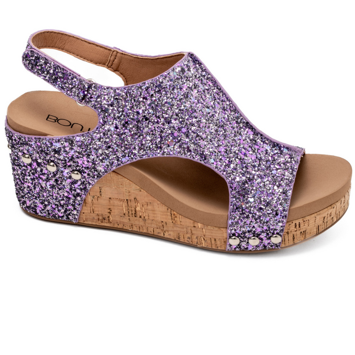 Carley Wedge Sandal By Corkys (Lavender Chunky Glitter)-Lola Monroe Boutique