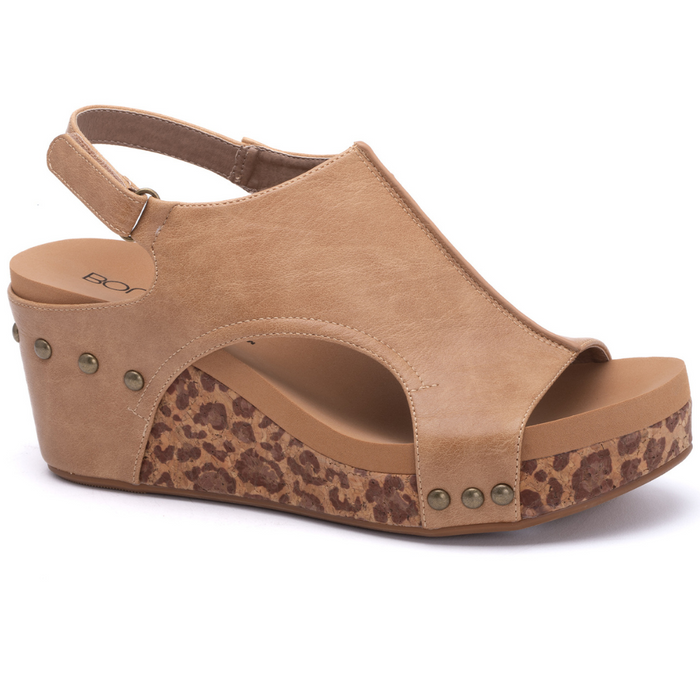 "Carley" Wedge Sandal By Corkys (Taupe Smooth Leopard)-Lola Monroe Boutique