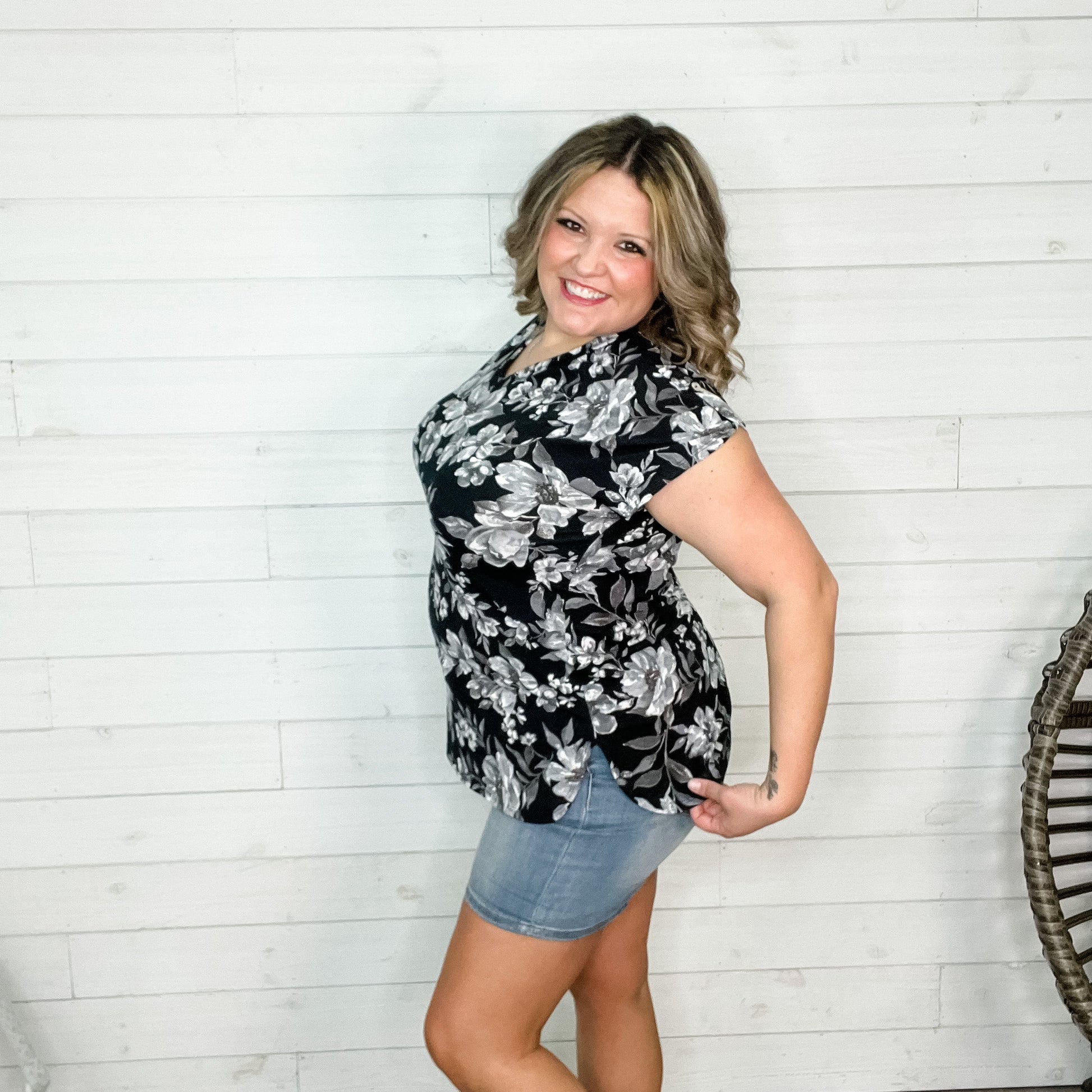 "Cassadine" Floral V Neck with Cap sleeve Button Detail