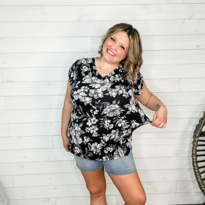 "Cassadine" Floral V Neck with Cap sleeve Button Detail