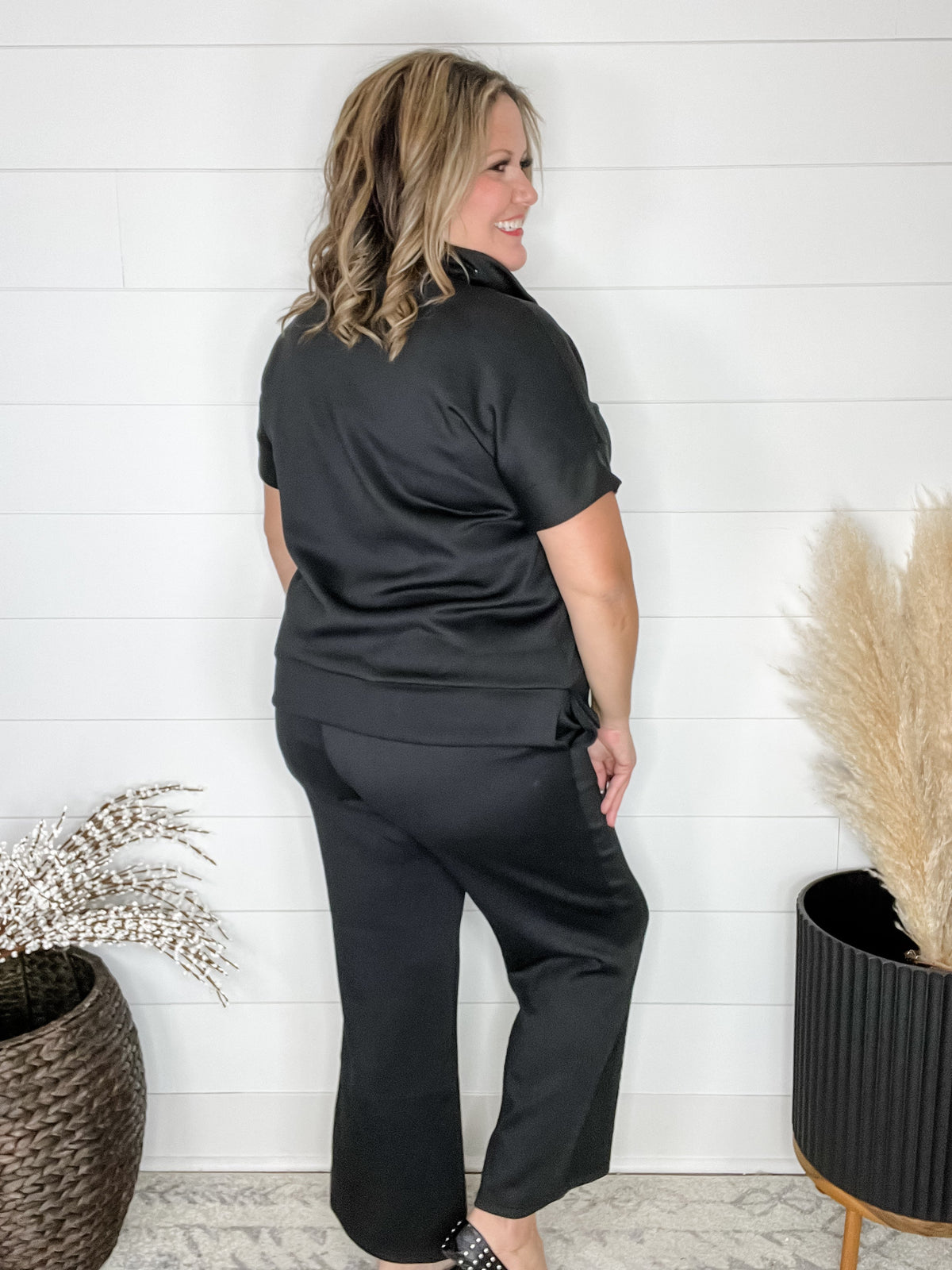 "Catalina" Short Sleeve Top and Wide Leg Pants (Black)