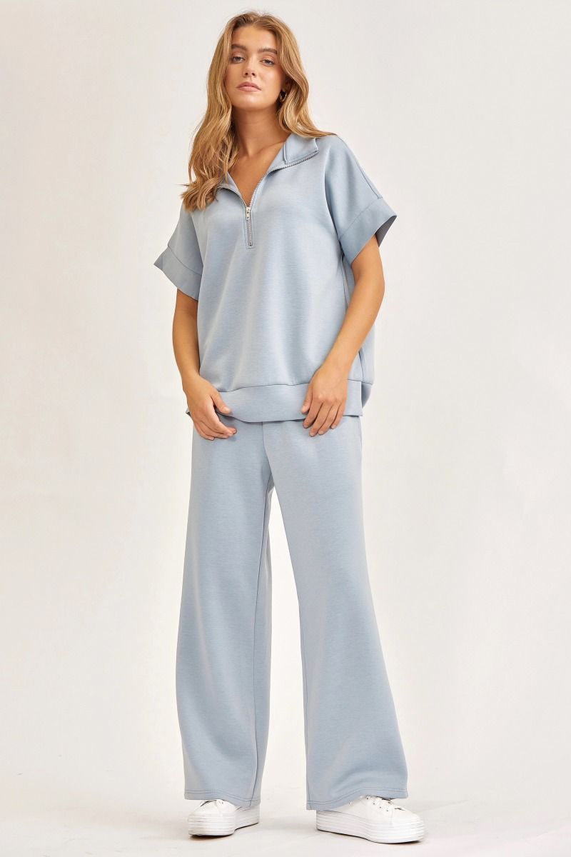 "Catalina" Short Sleeve Top and Wide Leg Pants (Slate Blue)