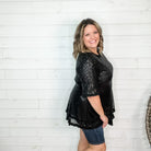 "Caught A Glimpse" Sequined Ruffle Hem and Sleeve (Black)-Lola Monroe Boutique