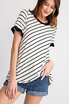 "Caught In A Line" Bias Way Ruffle Short Sleeve Top-Lola Monroe Boutique