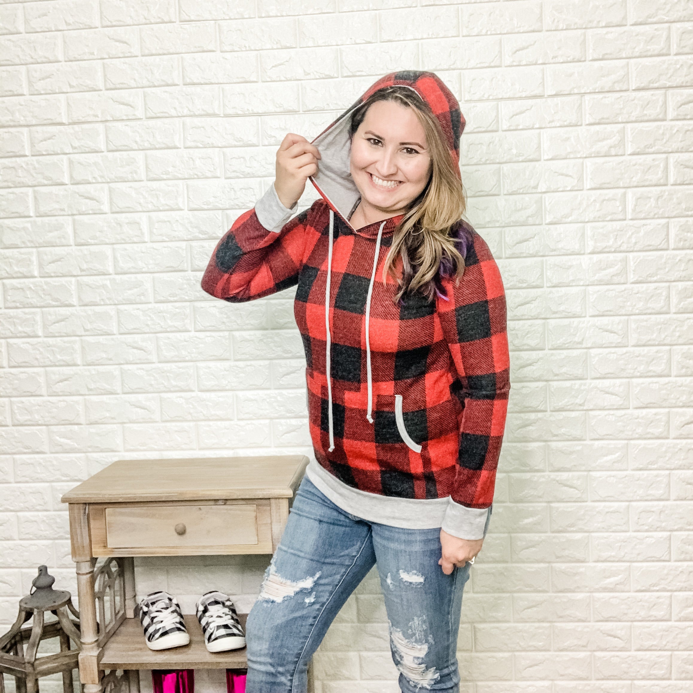 Charcoal & Red Plaid Hoodie-Lola Monroe Boutique