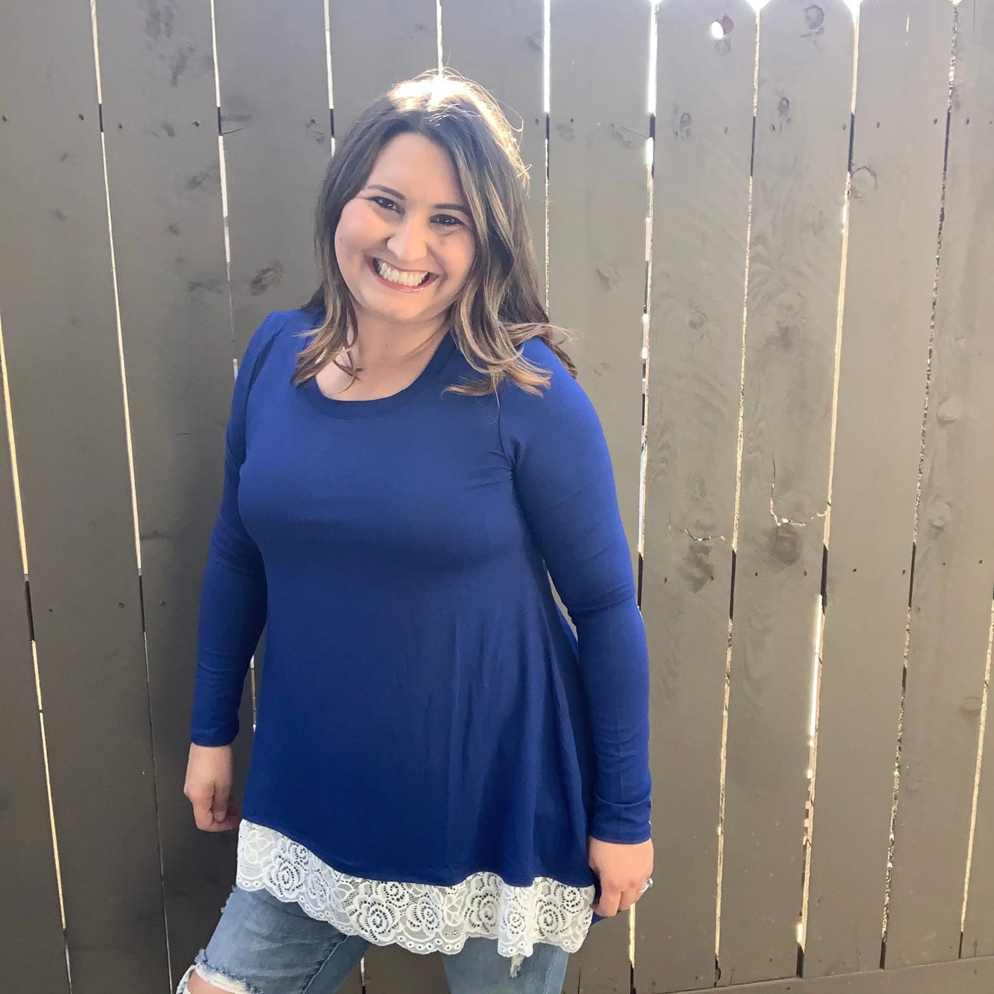 "Charlotte" Long Sleeve Lace Trim Round Neck Top (Navy)